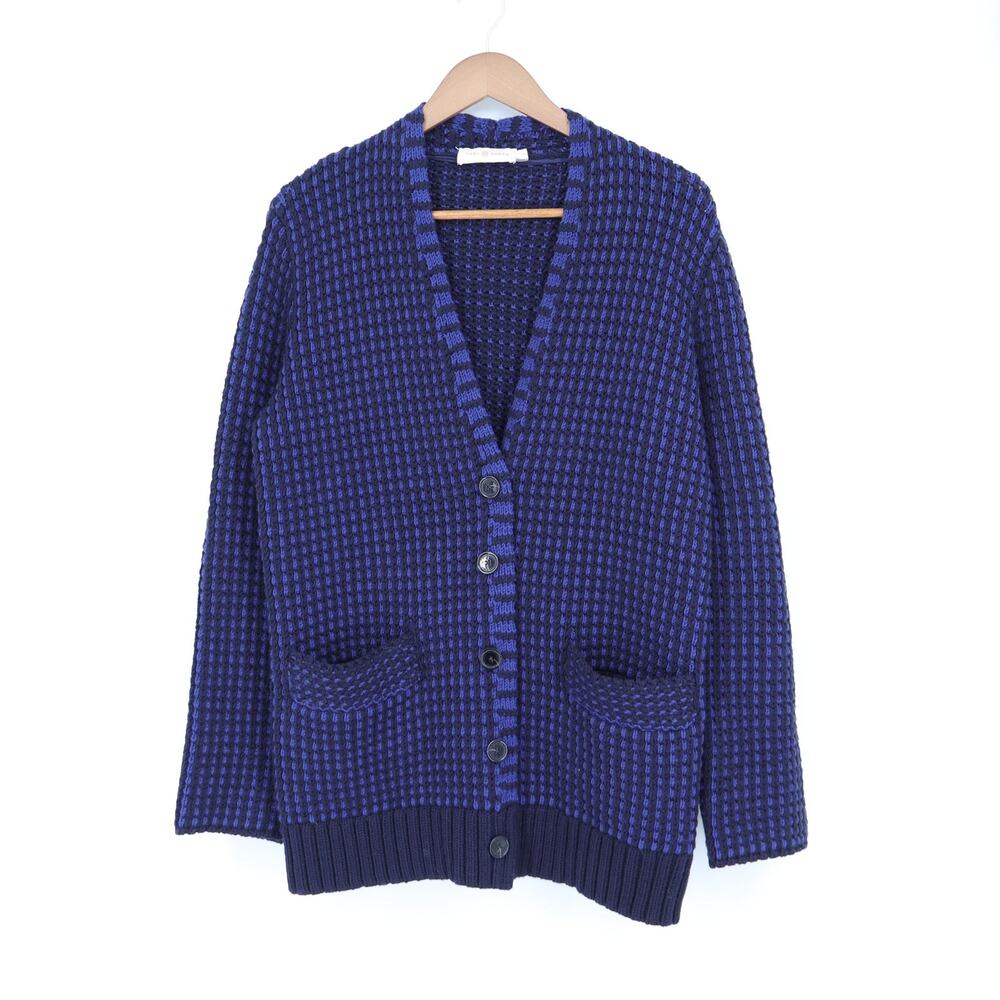 Tory Burch Two Tone Knit Sweater Indigo Navy Blue Merino Wool Cardigan Women's S